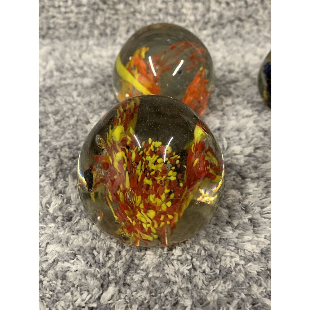 4 Hand Blown Art Glass Paperweight Bubble Sphere Yellow‎ Orange Blue Red